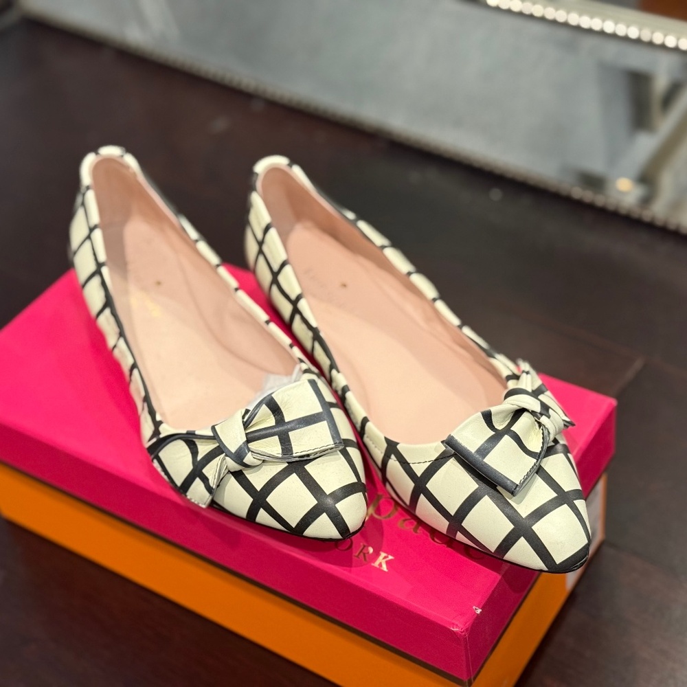 Kate Spade black and white Suki bow pointed toe Windowpane plaid Ballet flats
